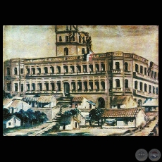 PALACIO DE LÓPEZ, DESDE LA BAHÍA LUEGO DEL BOMBARDEO DE LAS TROPAS BRASILERAS (Óleo de IGNACIO NÚÑEZ SOLER)